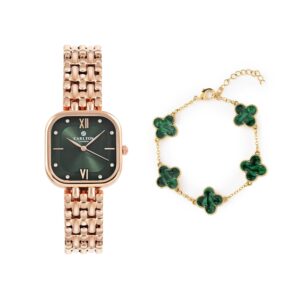 Carlton London Green Dial Watch for Women - Stainless Steel, Premium, Stylish Wrist Watch with Golden Strap & Bracelet Set,Elegant Quartz Timepiece, Water Resistant, Luxury Square Watch Gift Set